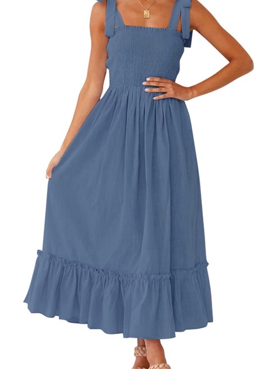 Zesica Dresses & Skirts - Smocked Bodice Blue Maxi Dress with Ruffle Hem